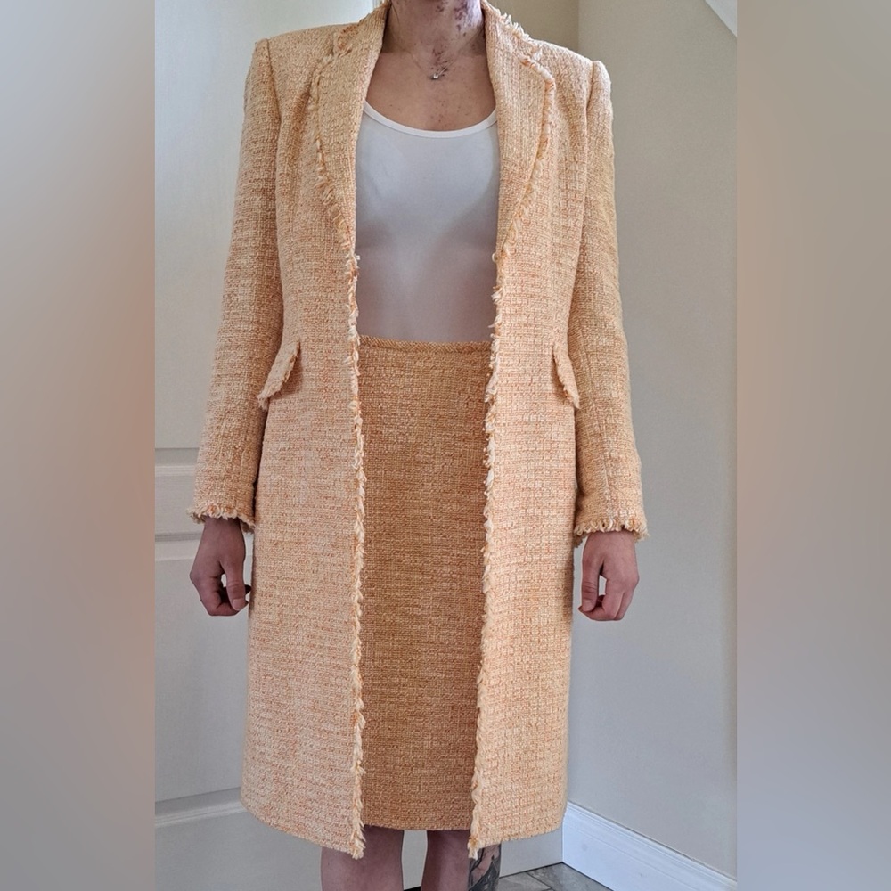 Kasper Peach Tweed Open Front Long Coat Jacket Size 12P